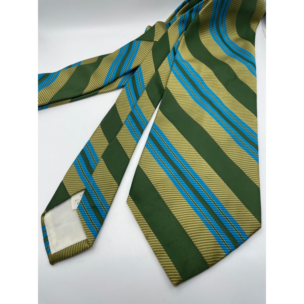 Bergere Mens Necktie Green Gold Blue Diagonal Striped Ribbed Polyester Tie